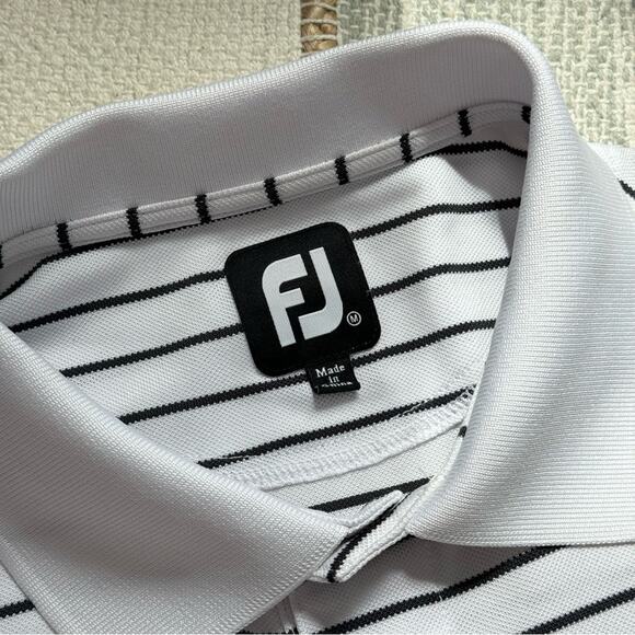 FootJoy White Black Striped Short Sleeves Golf Polo Shirt Men’s Size Medium - Picture 8 of 9